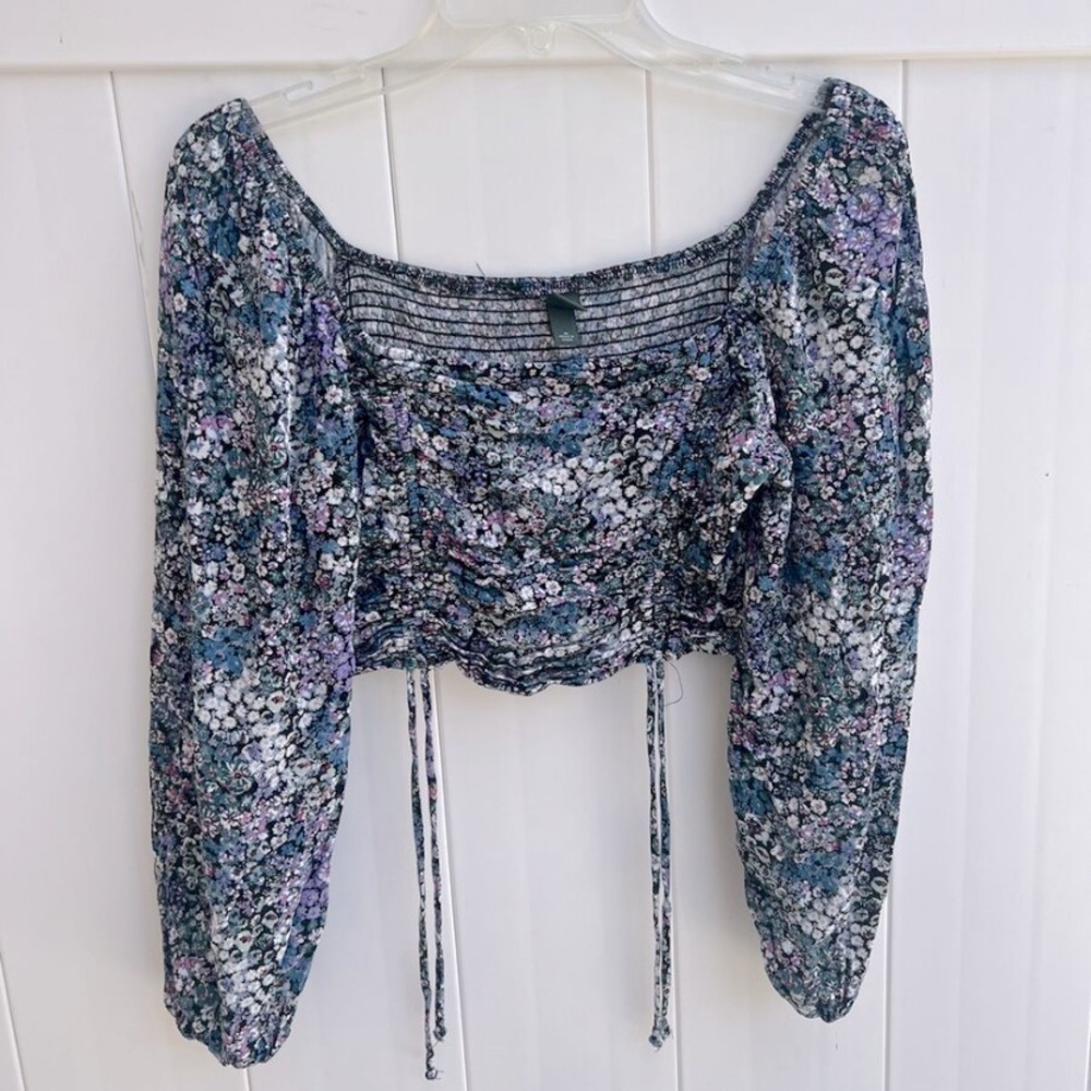Wild Fable Womens Rayon Scrunch Ruched Long Sleeve Crop Top Floral Sz XS